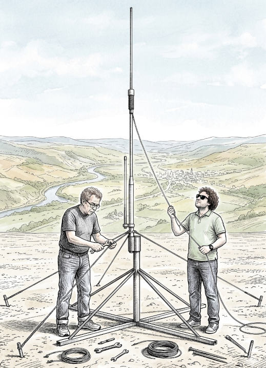IK7IWF e IK7XJA alle prese con il montaggio di una antenna verticale con adeguato piano di riflessione